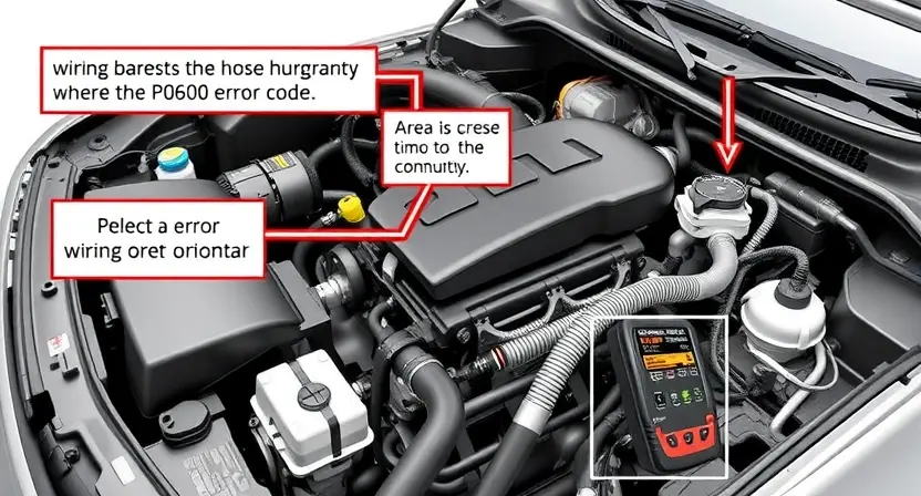 A detailed illustration of a car's engine bay with various components clearly visible. Focus on the wiring harness and the area where the P0600 error code might originate. Include a visual representation of a diagnostic tool connected to the car's computer.