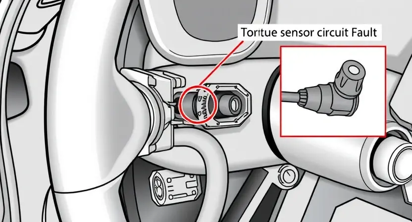 A high-quality technical illustration showing a car's steering system with a highlighted torque sensor circuit fault, focusing on the moment sensor wiring and connector, clean technical diagram style, no text labels or numbers on image