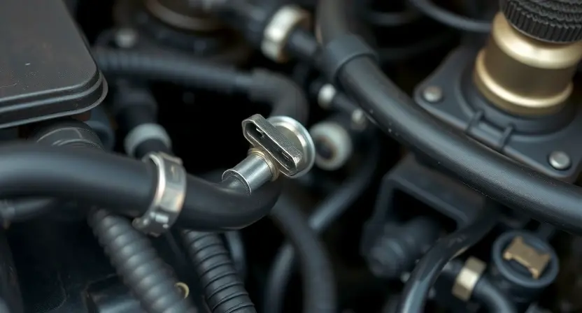 A close-up of a car engine bay, focusing on the coolant temperature sensor. The sensor should be clearly visible, along with surrounding hoses and components. The overall image should convey a sense of automotive mechanics and diagnostics. The color palette should be realistic and muted, reflecting the typical colors found in an engine compartment.