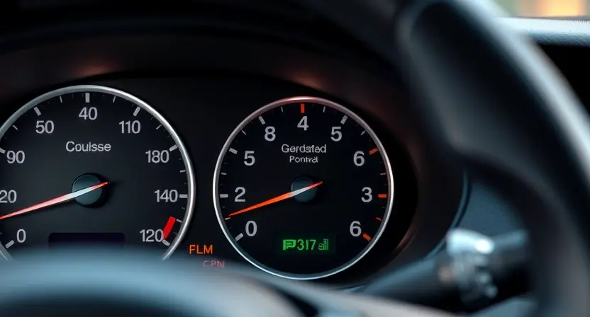 A close-up of a car's dashboard, focusing on the instrument cluster and the cruise control indicator light. The dashboard should be clean and modern. The indicator light should be illuminated, suggesting the cruise control system is active or experiencing a fault. The overall lighting should be realistic and highlight the details of the dashboard components.