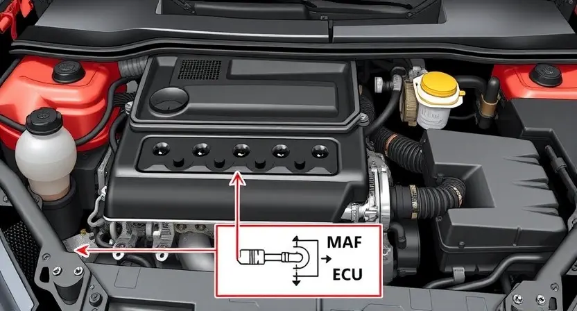 A detailed illustration of a car's engine bay, highlighting the Mass Air Flow (MAF) sensor. The MAF sensor should be clearly visible, with arrows pointing to its connection points and the airflow path. Include a simplified diagram showing how the MAF sensor measures airflow and sends data to the engine control unit (ECU). Focus on the sensor's physical appearance and its location within the engine system.