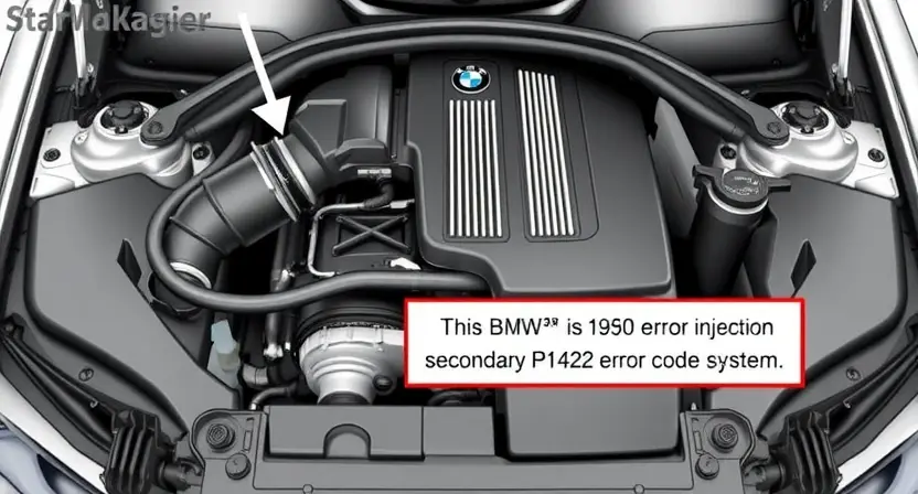 A detailed illustration of a BMW engine bay, focusing on the air intake system. Show the air intake duct, air filter, and related components. Highlight the area where the P1422 error code might be related to the secondary air injection system.