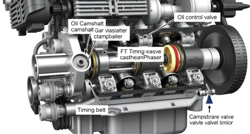 A detailed technical illustration of a variable valve timing (VVT) system in an internal combustion engine, showing camshaft, phaser mechanism, oil control valve, and timing chain or belt, with labeled components and arrows indicating oil flow and rotational movement to demonstrate the principle of operation and function of the system