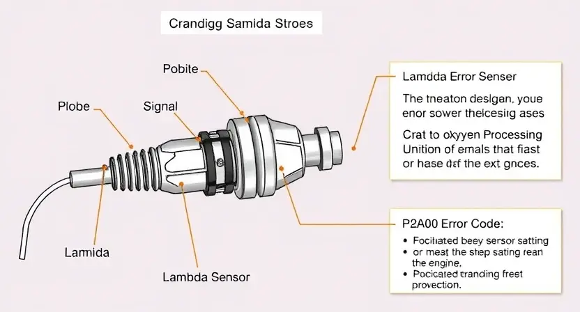 A detailed illustration of a lambda sensor, showing its components (probe, signal processing unit, and connection to the engine). The image should highlight the sensor's function in measuring oxygen levels in exhaust gases. Include a visual representation of the P2A00 error code and its potential causes related to the lambda sensor.