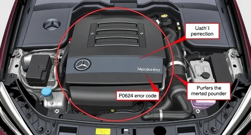 A detailed illustration of a Mercedes-Benz engine bay, highlighting the area related to the P0624 error code. Include visual cues representing the relevant components and wiring. Focus on clarity and technical accuracy.