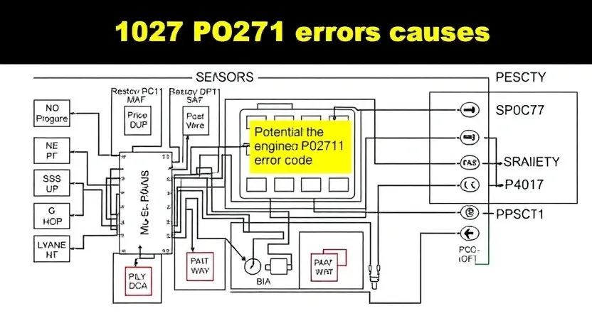 A detailed schematic diagram of an automotive engine control unit (ECU) with highlighted areas representing potential causes of a P0271 error code. Include visual representations of sensors, actuators, and wiring. The diagram should be clean, well-labeled, and illustrate the flow of electrical signals.