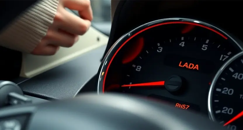 A close-up shot of a car's dashboard displaying a warning light, with a mechanic's hands subtly visible in the background, working on the car's electrical system. Focus on the dashboard and the warning light. The car should be a modern Lada model.