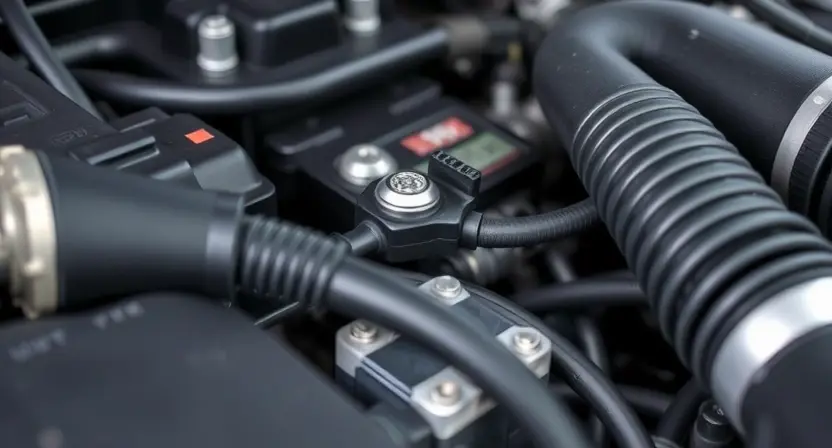 A close-up, detailed image of a car's engine bay, specifically focusing on the coolant temperature sensor and surrounding hoses. The engine should appear clean and well-maintained. The background should be slightly blurred to emphasize the sensor.