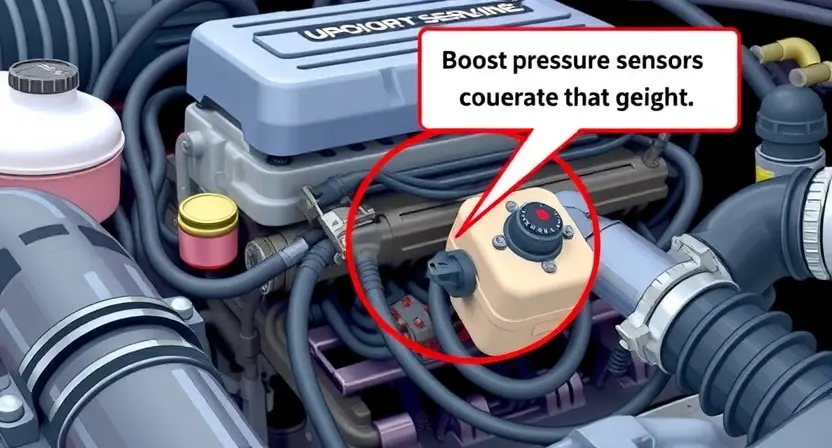 A detailed illustration of an automotive engine bay, focusing on the area around the boost pressure sensor. The sensor should be clearly visible, along with associated wiring and components. The background should be slightly blurred to emphasize the sensor.