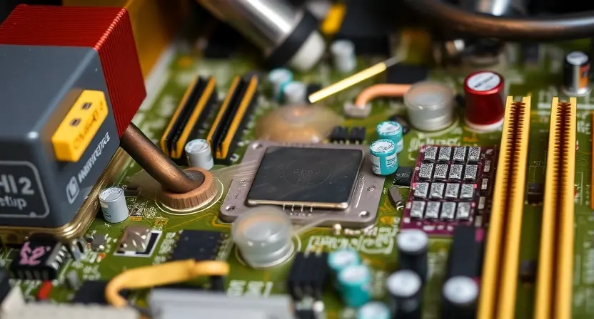 A computer motherboard with a low level of coolant, showing signs of overheating, with visible condensation and potential damage. Focus on the cooling system components and the motherboard itself.