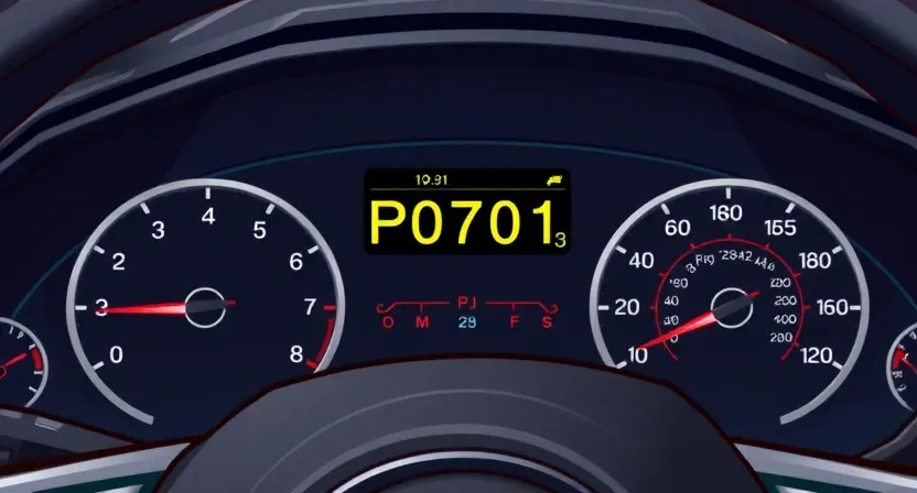 A detailed illustration of a car's dashboard with a P0701 diagnostic code displayed on the screen. The dashboard should be realistically rendered, showing various gauges and indicators. The P0701 code should be clearly visible and easily readable.
