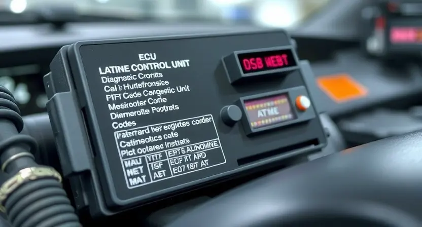 A close-up, detailed illustration of a car's engine control unit (ECU) with highlighted diagnostic codes and wiring diagrams. Focus on the electronic components and connections. The background should be a clean, slightly blurred automotive workshop environment.
