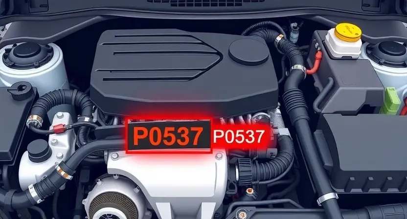 A detailed illustration of a car's engine bay with a diagnostic error code light illuminated. Focus on the visual representation of the error code P0537. Include relevant engine components like the intake manifold, hoses, and sensors.