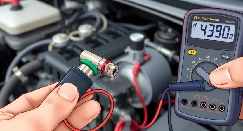 A close-up, detailed illustration of an engine temperature sensor being inspected. The sensor should be clearly visible, along with wiring and connectors. A multimeter is shown connected to the sensor, displaying a reading. The background is a slightly blurred view of an engine bay, emphasizing the sensor's location. Focus on the technical aspects of the inspection process.