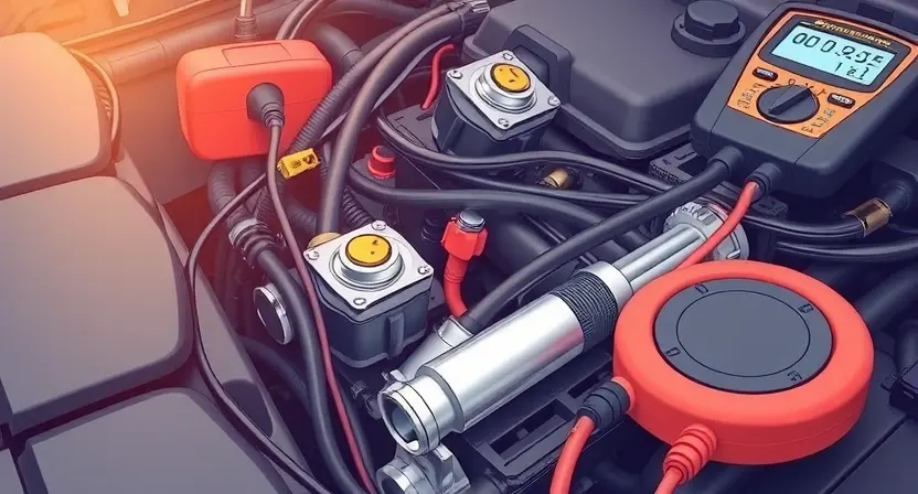 A detailed illustration of an automotive engine bay, focusing on the oxygen sensor and its wiring. The sensor should be clearly visible, with wires connected to it and the engine control unit (ECU). Include diagnostic tools like a scan tool and a multimeter in the background. The overall scene should convey a sense of technical inspection and troubleshooting.