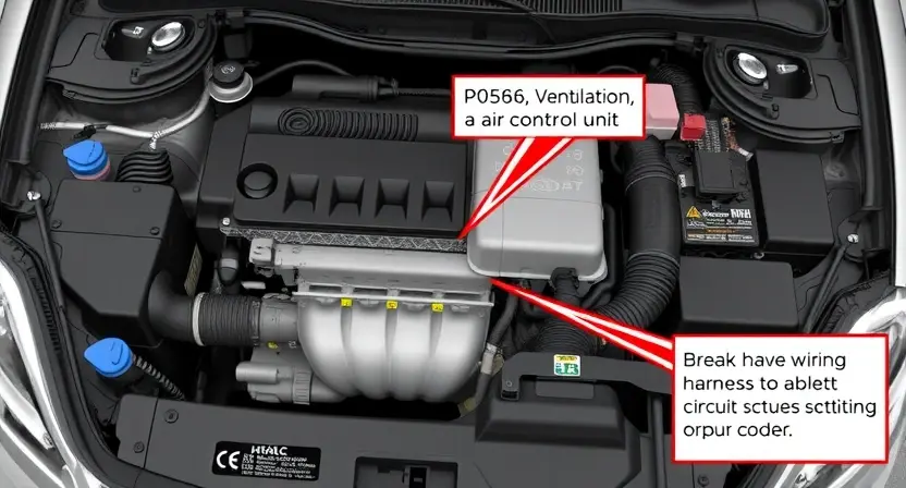 A detailed illustration of a car's engine bay, focusing on the HVAC (Heating, Ventilation, and Air Conditioning) system. Highlight the control unit, wiring harness, and any relevant sensors or components associated with the P0586 error code. Use visual cues to indicate a potential break in the circuit.