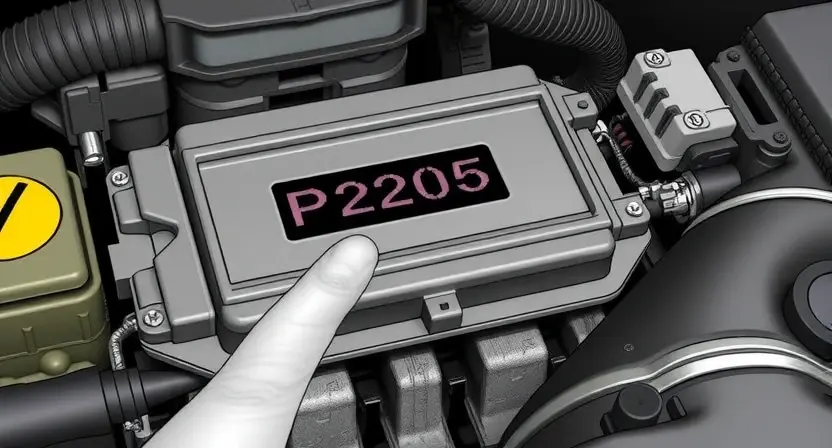 A detailed illustration of a car's engine control unit (ECU) with a highlighted error code P2505, showing the internal components and connections. The image should depict the ECU with a focus on the area where the error code is displayed, emphasizing the technical and mechanical aspects of the system.