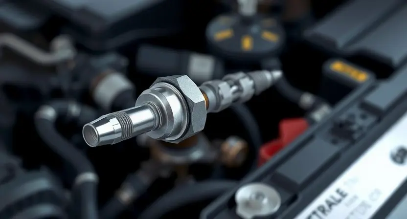 A close-up, detailed illustration of a car's oxygen sensor. The sensor should be clearly visible, showing its components and connections. The background should be a blurred automotive engine bay. Focus on the sensor's physical form and its position within the engine system.