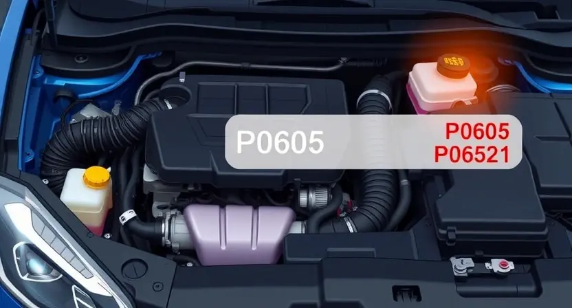 A detailed illustration of a car's engine bay with a diagnostic trouble code (DTC) light illuminated. The image should focus on the engine components, wiring, and the DTC light. Include visual cues representing the error code P0605 (e.g., a symbol or text indicating the code).