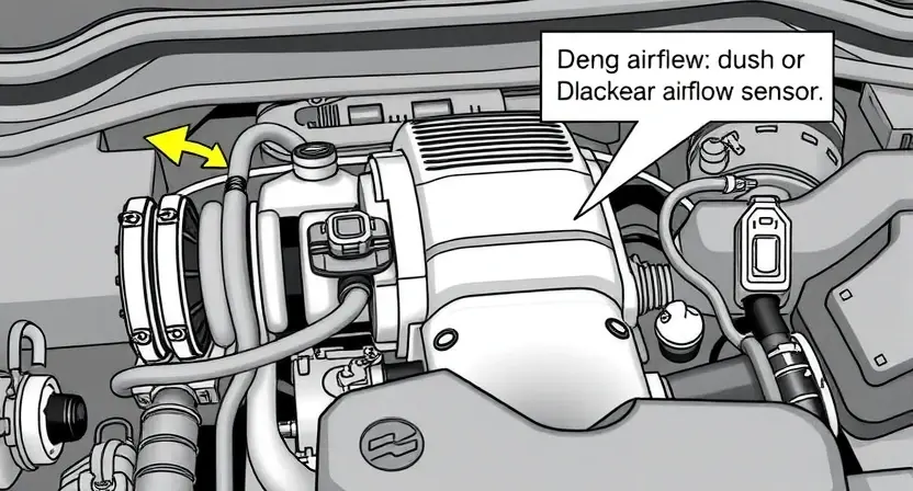 A detailed illustration of an automotive engine bay, focusing on the mass airflow sensor (MAF sensor) and its surrounding components. The image should clearly show the sensor's location, wiring connections, and the airflow path. Include visual cues indicating a potential blockage or malfunction, such as dust or debris near the sensor. The overall composition should be clean and informative, suitable for a repair manual or diagnostic guide.