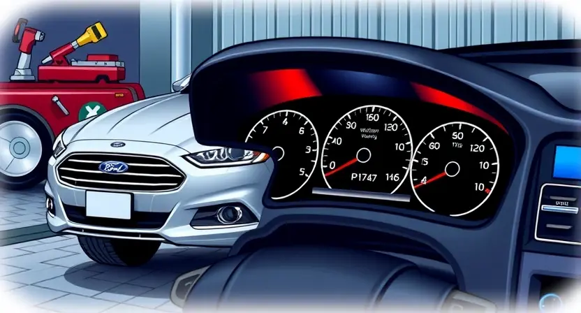 A detailed illustration of a Ford vehicle displaying a warning light on the dashboard. The dashboard should show the error code P1747. The car should be parked on a road, with a mechanic's tools subtly visible in the background. Focus on the dashboard and the error code display.