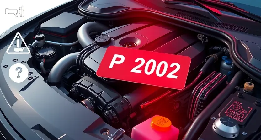 A high-quality technical illustration showing a modern car engine with a glowing check engine light and a floating diagnostic code P2002 label, surrounded by subtle symbols of repair tools and warning signs, clean background, professional lighting, detailed mechanical parts, no text or numbers on image