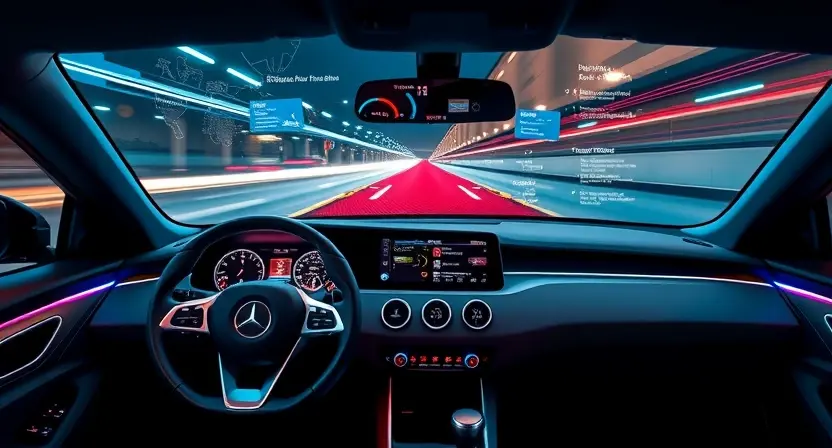 A futuristic car dashboard with a Heads-Up Display (HUD) projecting information onto the windshield. The HUD should display navigation directions, speed, and other relevant vehicle data in a clear and modern interface. The car should be sleek and modern in design.