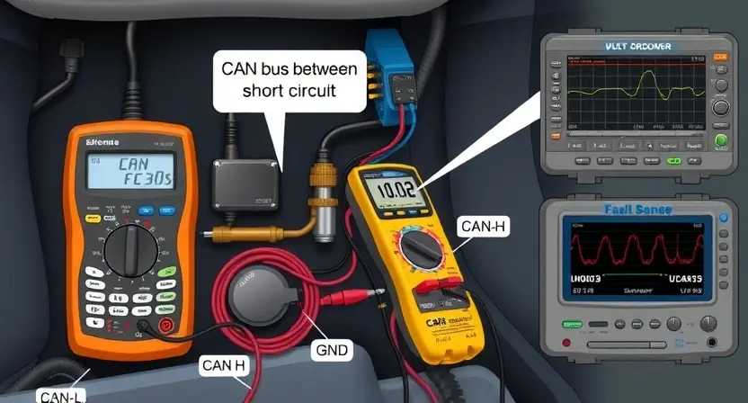 A detailed technical illustration of a CAN bus circuit showing a short circuit between CAN-H and CAN-L wires, with a multimeter probing the connection, a vehicle ECU and sensor nodes connected to the bus, and visible wiring harness with labeled components (CAN-H, CAN-L, GND, 120Ω terminators). The scene includes diagnostic tools like an oscilloscope displaying abnormal voltage levels and a fault code U0003 on a scanner screen. Clean, professional, educational technical diagram style with bluepri