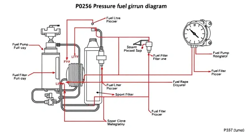 A detailed illustration of a high-pressure fuel pump circuit diagram. Include components like the fuel pump, fuel filter, fuel lines, pressure regulator, and sensors. The diagram should clearly show the flow of fuel and the electrical connections. Focus on clarity and precision, highlighting the P0256 error code's potential impact on the engine's fuel delivery system.