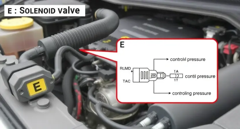 A detailed illustration of a car's engine bay, focusing on the solenoid valve labeled 'E'. The solenoid should be clearly visible, with its wiring and connections highlighted. Include a schematic diagram showing the solenoid's function in controlling pressure. The background should be slightly blurred to emphasize the solenoid.