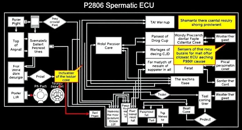 A detailed schematic diagram of an automotive engine control unit (ECU) with highlighted areas representing potential causes of the P2806 error code. Include visual representations of sensors, actuators, and wiring. The diagram should be clean, well-labeled, and illustrate the flow of data within the ECU.