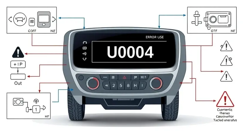 A high-quality technical illustration showing a modern car's electronic control unit with highlighted error code U0004 on a diagnostic screen, surrounded by schematic wiring diagrams and warning symbols, clean lines, technical precision, neutral background