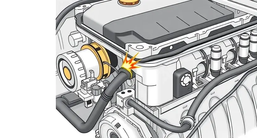 A detailed technical illustration of a car engine's valve system, specifically focusing on the front left valve and its associated wiring. The image should clearly show the valve, the wiring harness connected to it, and a visual representation of a short circuit (e.g., a spark or damaged wire). The background should be a clean, neutral color to emphasize the engine components.
