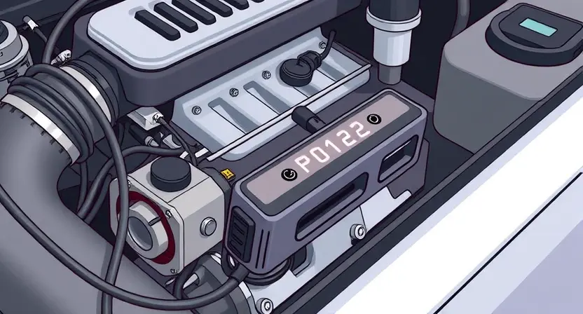 A close-up, detailed illustration of a car engine with a diagnostic tool connected to it. The engine should be clean and well-lit, highlighting key components like the intake manifold, fuel injectors, and sensors. A small digital display on the diagnostic tool should show the error code 'P0123'. Focus on the technical aspects of the engine and the diagnostic process.