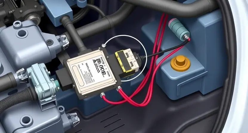 A detailed, realistic illustration of a car's power steering system, specifically highlighting the electronic control unit (ECU) and associated wiring. The image should show the components clearly, with emphasis on the connections and internal workings. Focus on the electrical aspects of the system.
