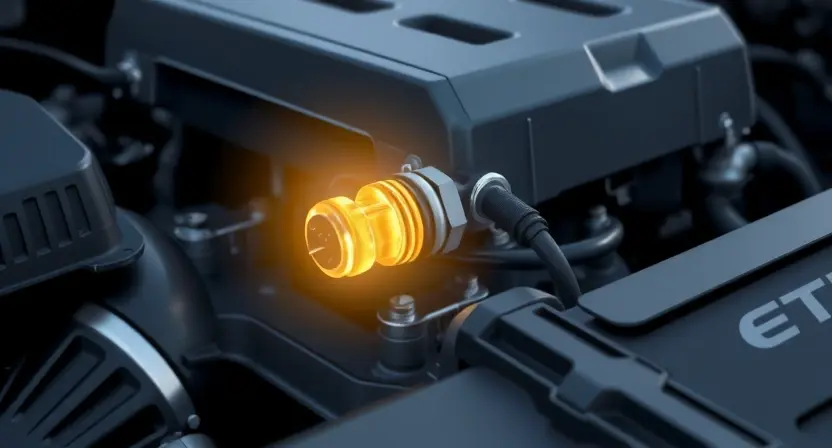 A close-up illustration of a car engine bay with a highlighted oxygen sensor. The sensor should be clearly visible, with a subtle glow indicating its importance. Focus on the sensor and surrounding components, conveying a sense of automotive diagnostics.