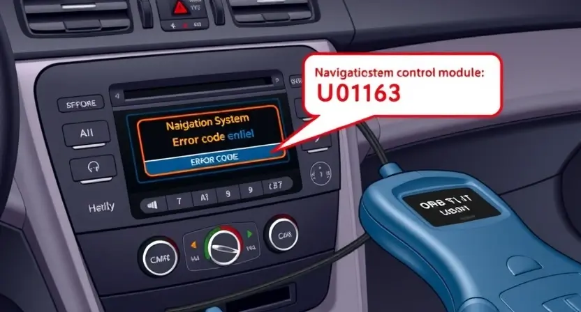 A high-quality technical illustration showing a vehicle's navigation system control module with a warning indicator for error code U0163, featuring diagnostic equipment like a scan tool connected to the car's OBD-II port, clean lines, technical accuracy, no text or numbers on the image, professional automotive repair setting