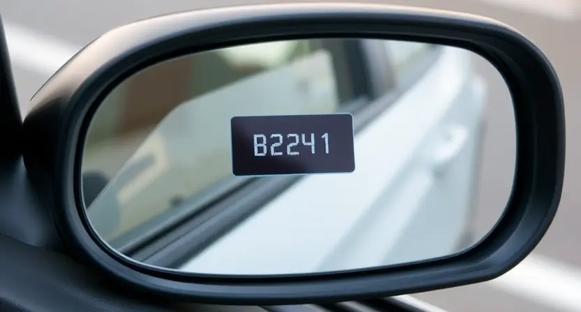 A detailed close-up of a car's side mirror with a visible error code B2241 displayed on a small digital screen or indicator light on the mirror. The mirror should be slightly tilted to show the reflection of a blurred background, possibly a road or a parking lot. The car's exterior should be partially visible, indicating the context of the mirror's location.