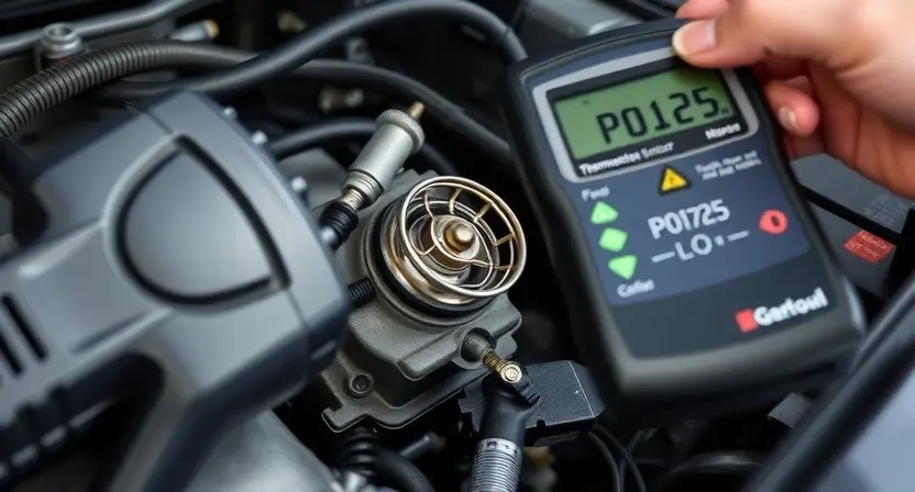 A close-up of a car engine compartment showing a thermostat and temperature sensor being inspected with diagnostic tools, a digital multimeter displaying error code P0125, soft natural lighting, realistic automotive repair setting, no text or labels visible