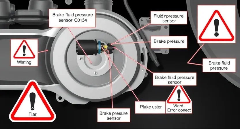 A high-quality technical illustration showing a modern car's brake fluid pressure sensor and its wiring, with clear labels indicating error code C0134, surrounded by diagnostic tools and warning symbols, in a clean, professional style
