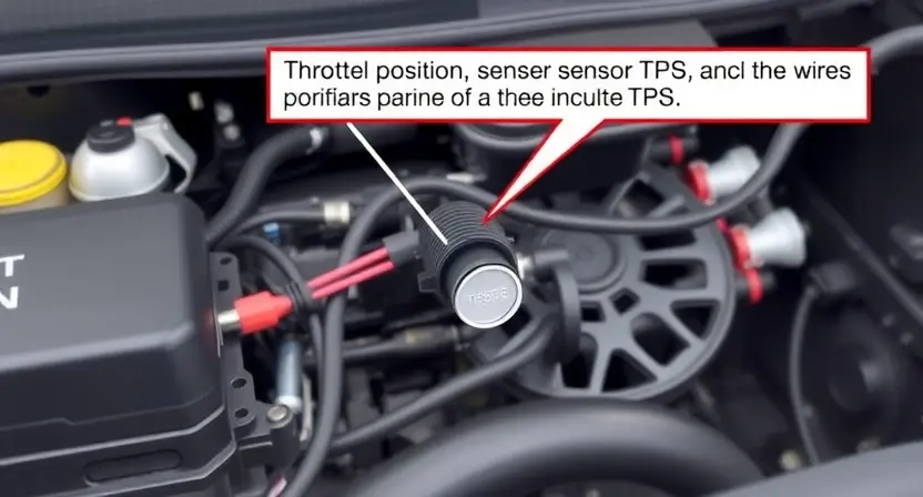 A detailed illustration of a car engine bay, focusing on the throttle position sensor (TPS). The TPS should be clearly visible, with labels indicating its function. Include wiring and connections relevant to the sensor. The background should be slightly blurred to emphasize the TPS.