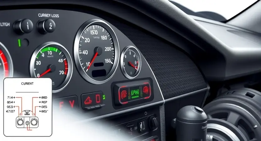 A detailed illustration of an automotive electrical system diagnostic panel with various gauges, lights, and wiring diagrams. Focus on the area related to potential current loss, with visual cues indicating a problem. Include a car engine in the background, partially visible.