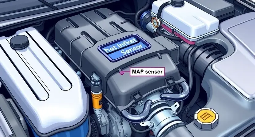 A close-up, detailed illustration of a car engine bay, focusing on the intake manifold and associated sensors. Highlight the area where the MAP sensor is located. Use bright, clean colors to emphasize the components. The background should be slightly blurred to keep the focus on the engine parts.
