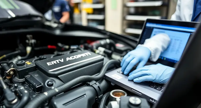 A close-up, detailed image of a car's engine control unit (ECU) being reprogrammed by a technician using a laptop. The ECU is a complex electronic device with various connectors and components visible. The technician is wearing a lab coat and gloves, focusing on the laptop screen which displays diagnostic software. The background shows a clean, organized automotive repair shop environment. Focus on the connection between the laptop and the ECU, highlighting the reprogramming process.