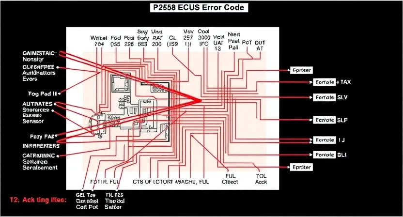 A detailed schematic diagram illustrating the P2558 error code in a vehicle's engine control unit (ECU). The diagram should show the relevant sensors, actuators, and wiring related to the error. Include visual cues to indicate the error state.