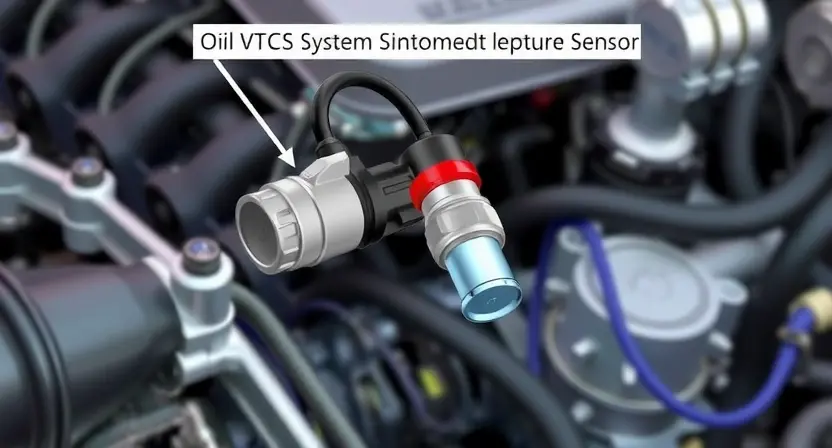 A detailed illustration of an engine bay, focusing on the oil pressure sensor and VTEC system components. The sensor should be clearly visible, with wiring and connections highlighted. The background should be slightly blurred to emphasize the sensor.