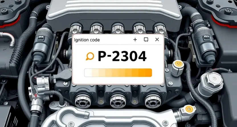 A high-quality technical illustration showing a car engine with visible spark plugs and ignition coils, highlighting electrical connections and wiring related to ignition system faults, with a diagnostic tool interface overlay displaying error code P2304, clean technical diagram style, precise details, no text labels or numbers on image