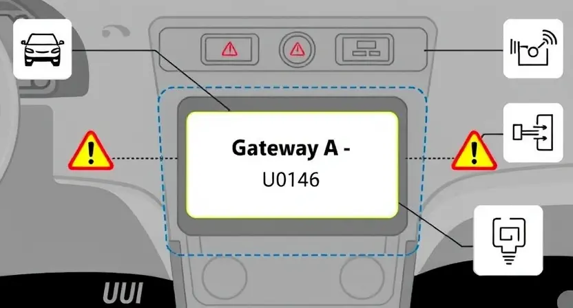 A technical illustration showing a vehicle's electronic control system with a highlighted gateway module labeled 'Gateway A', displaying an error code U0146, surrounded by icons representing lost communication signals, warning symbols, and circuit diagrams, all rendered in a clean, high-detail technical diagram style