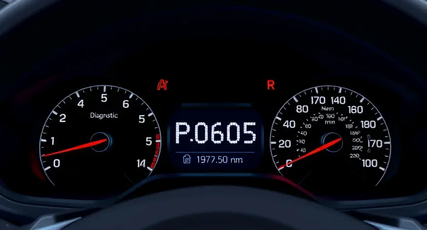 A detailed illustration of a car's dashboard with a diagnostic error code display showing 'P0605'. The dashboard should be brightly lit, showing various gauges and indicators. Focus on the error code display and its associated warning light.