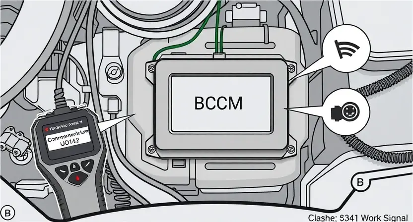 A detailed technical illustration showing a vehicle's body control module (BCM) labeled 'B' with a disconnected communication line (CAN bus) between it and the vehicle's network, surrounded by diagnostic tools like an OBD-II scanner displaying error code U0142, wiring harnesses, and electronic symbols representing signal loss, all in a clean, professional automotive engineering style with muted technical colors and precise linework